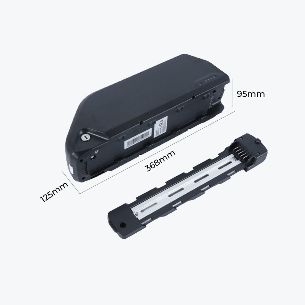 Down-tube ebike battery case, 368 x 125 x 95 mm, with its mounting rail shown separately