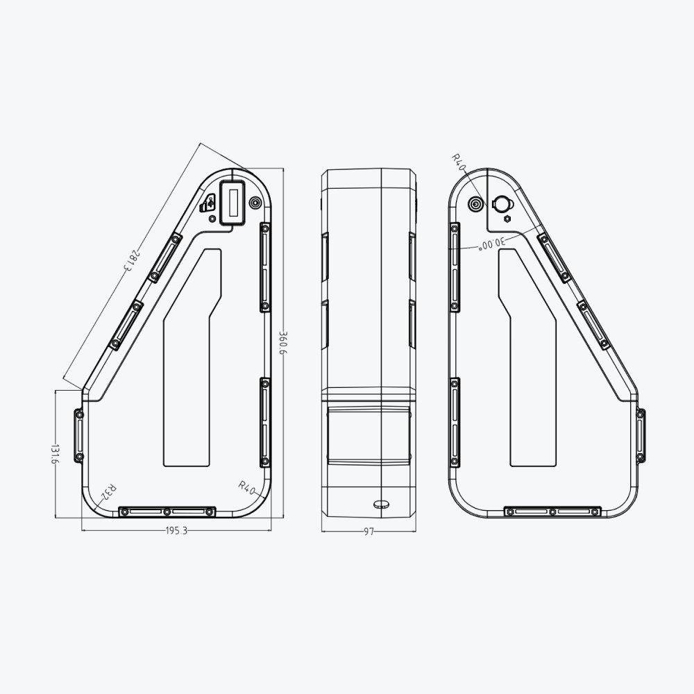 Dimensioned drawing of the KirbEbike HS-II battery case: 360.6, 281.3, 195.3 and 131.6 mm edges, 97 mm thick